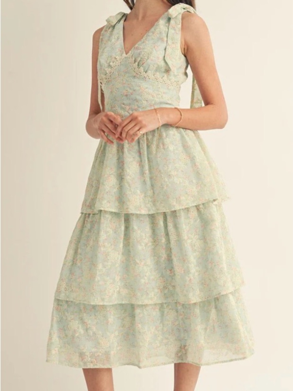 Just Me Mint Floral Embroidered Ruffle Tiered Maxi Dress